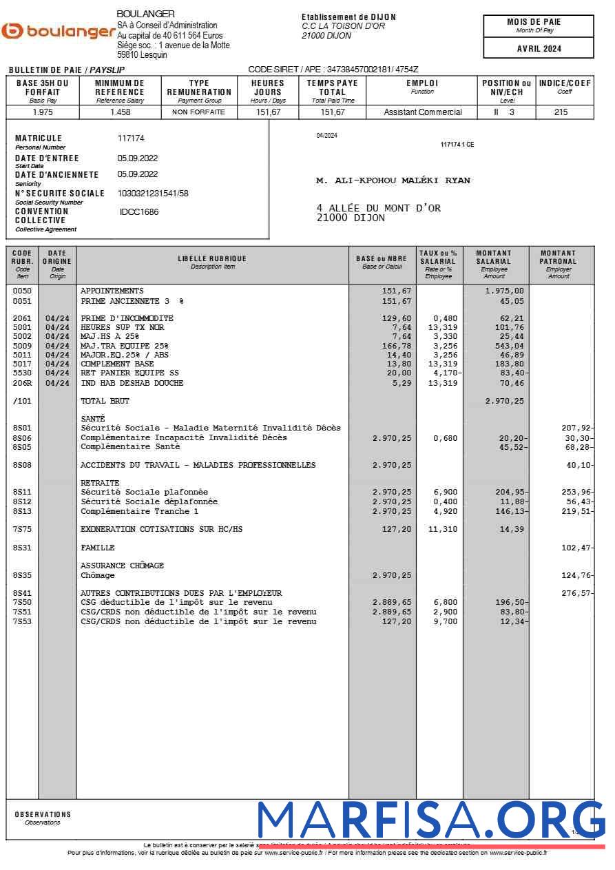 Downloadable Boulanger payslip (in French language) sample